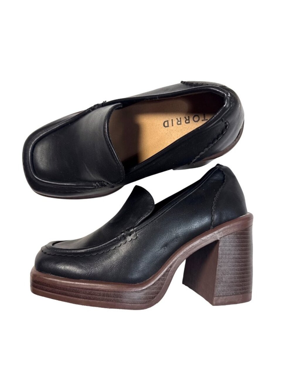 Black Faux Leather Torrid Heeled Loafers Size 6W With Brown Chunky Block Heel
